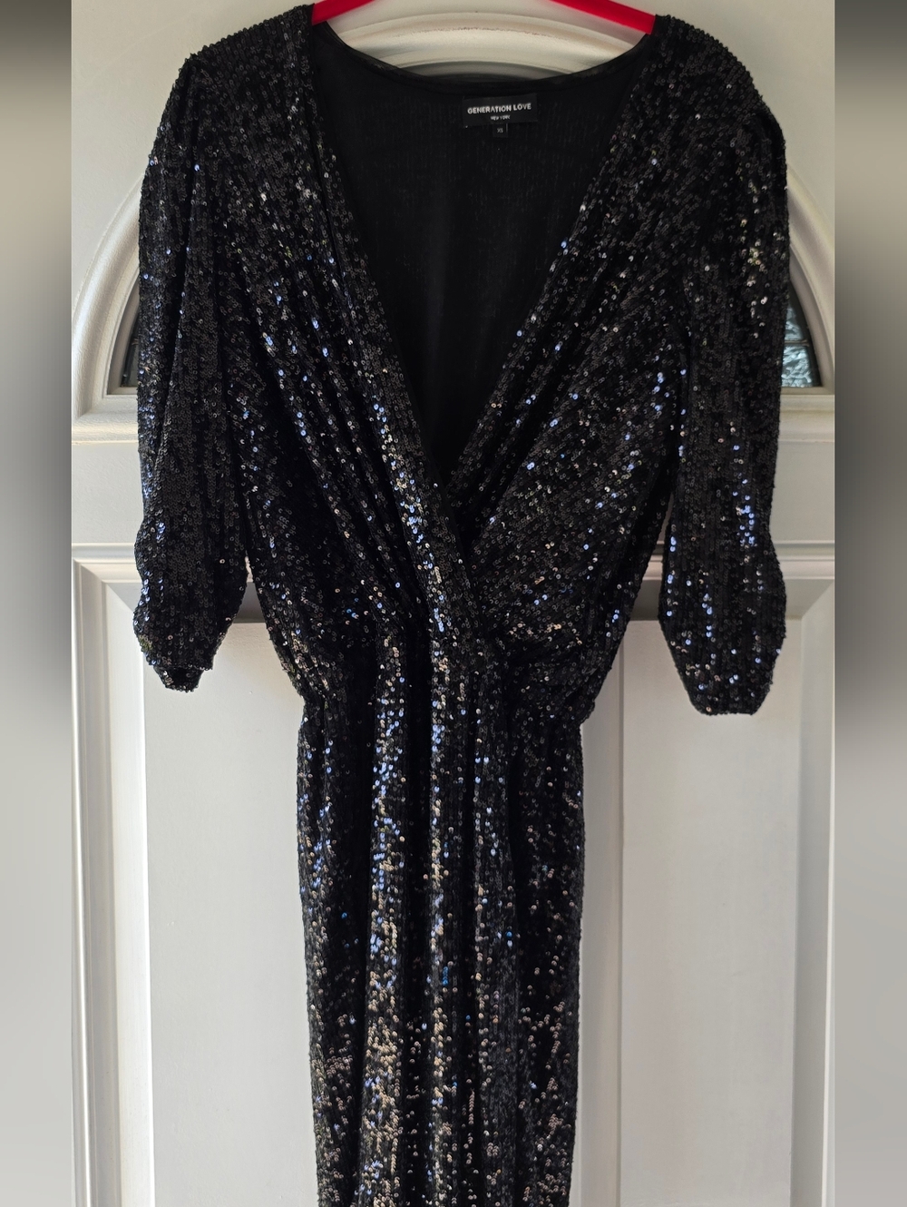 Generation Love Madison Black Sequin Jumpsuit XS Wrap V Neck Party Holiday Glam